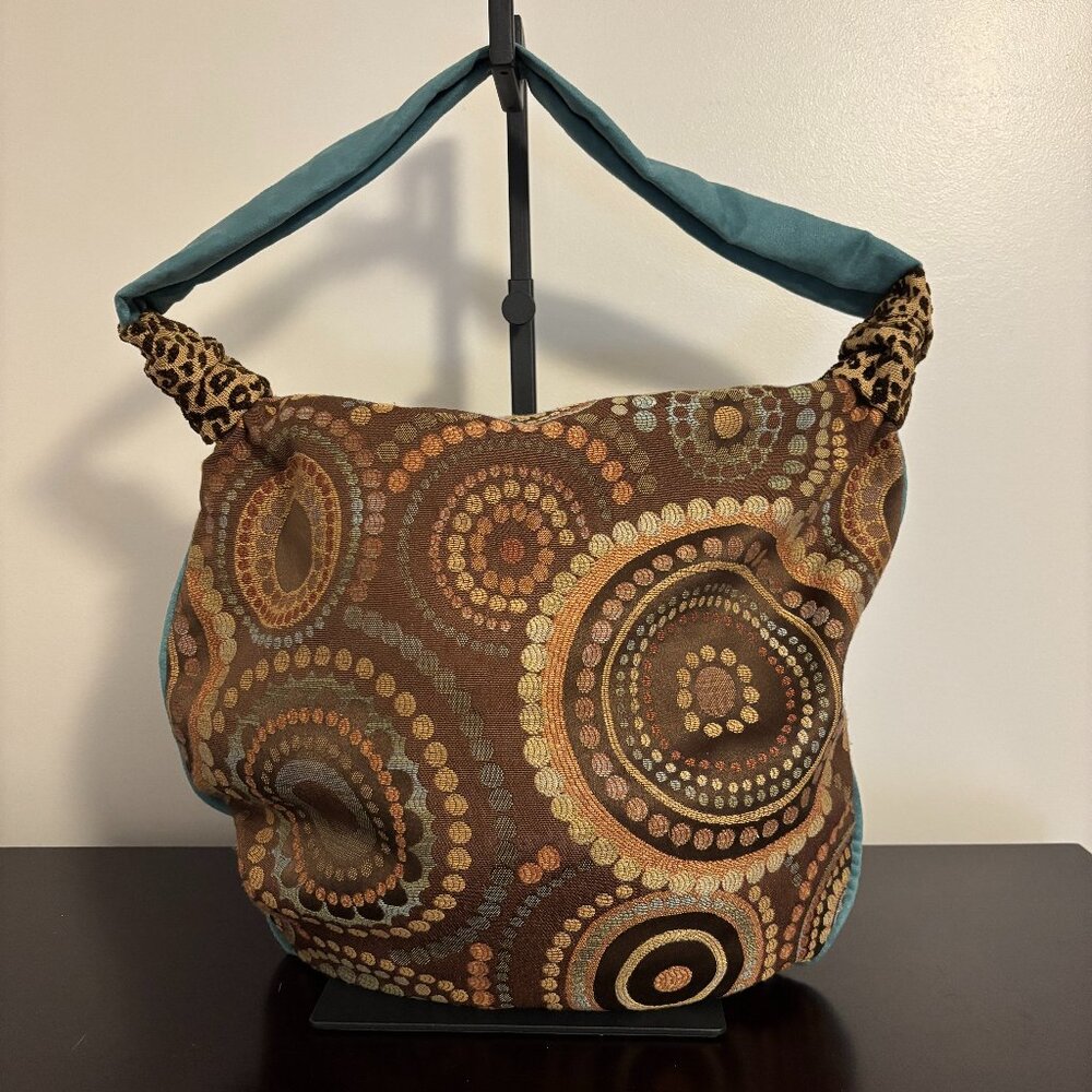 Atenti Brown and Teal Circle Patterned Embroidered Fabric Hobo Shoulder Bag